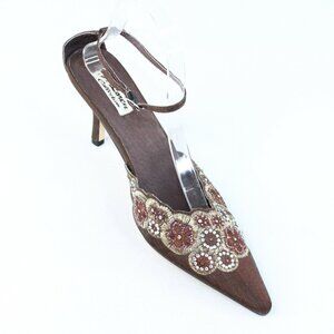 J Loren Collection 9.5M Brown Bronze Beaded Embellishment Pointed Toe Heels
